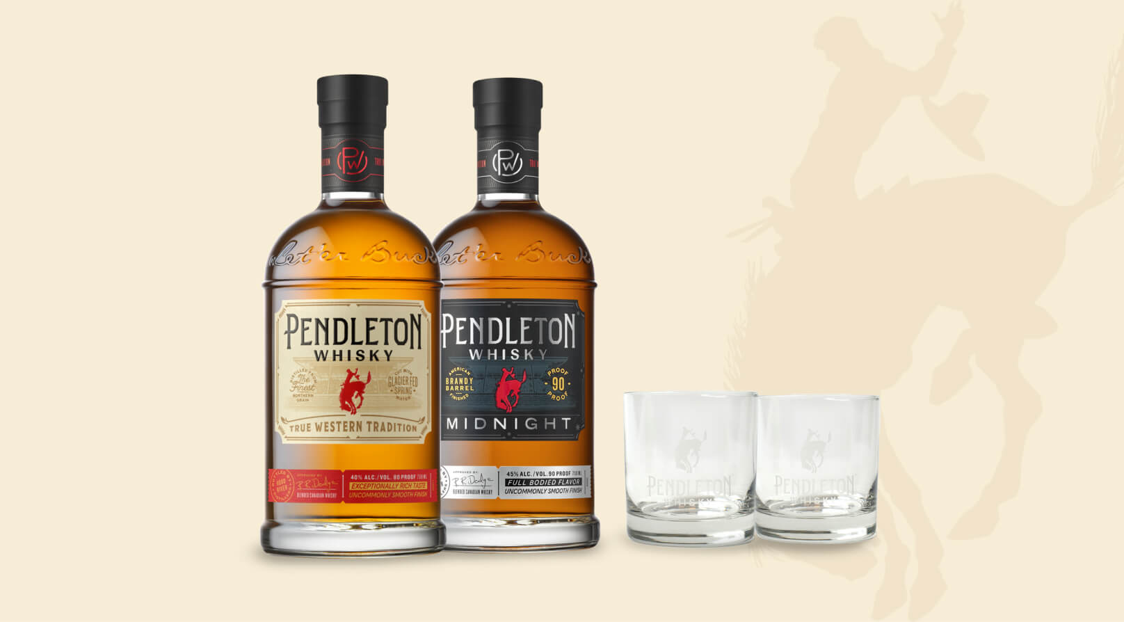 Taste of the West Bundle, featuring two bottles of Pendleton® Whisky and a set of rocks glasses
