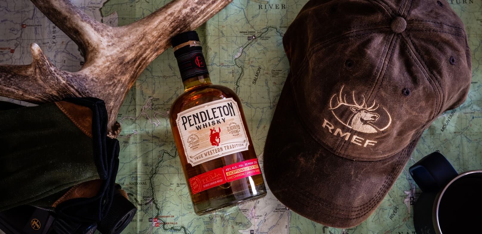 Pendleton Whisky Bottle and RMEF hat with antler